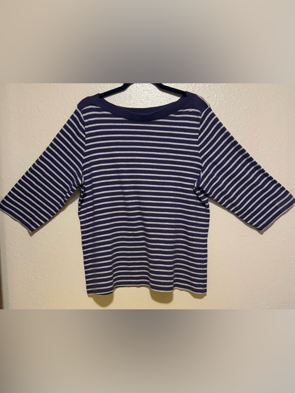 Karen Scott Purple Striped Boat Neck Top | 3/4 Sleeve Casual Tee | 1X - Picture 2 of 4